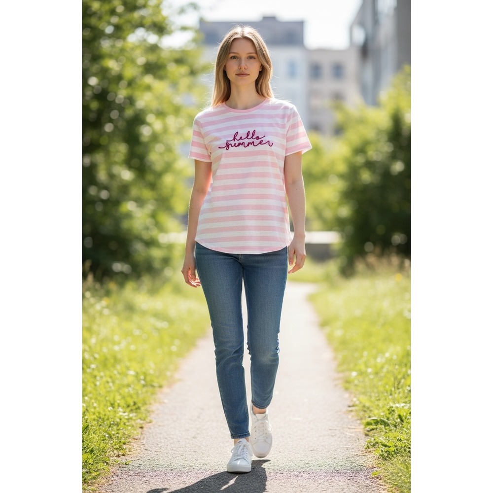 Kim Rogers Women's T-Shirt M Medium Pink White Striped Hello Summer Embroidered - Picture 3 of 10